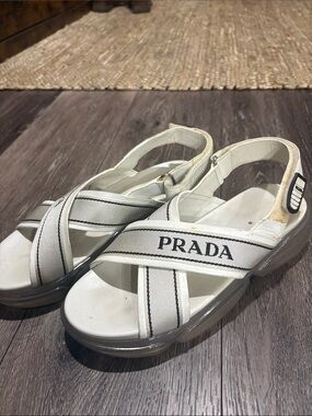 Prada White and Gray Logo Cross-Strap Flats